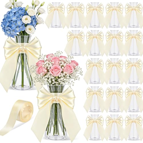 Teecyhooo 20 Pcs Small Plastic Bud Vases Bulk with Ribbon for Centerpieces, Clear Flower Vases for Wedding Home, Height Shatterproof Vase for Wedding Home Party Table Decoration(White Ribbon) - Image 1