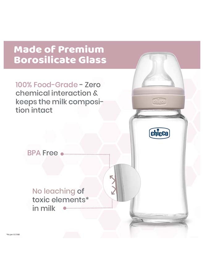 Chicco زجاجة رضاعة زجاجية للرفاهية (240 مل، تدفق متوسط) (محايد) 2M+ - Image 3