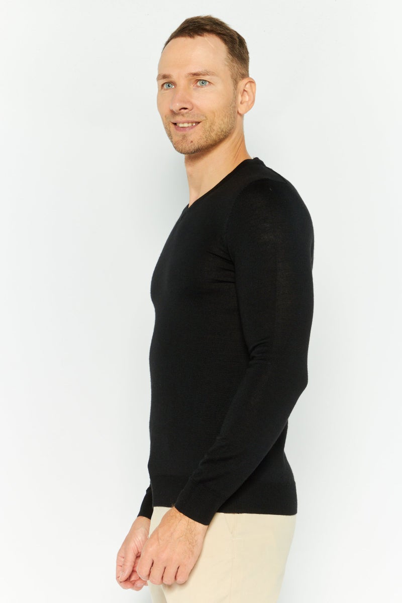 Men V-Neck Textured Long Sleeves Sweater, Black