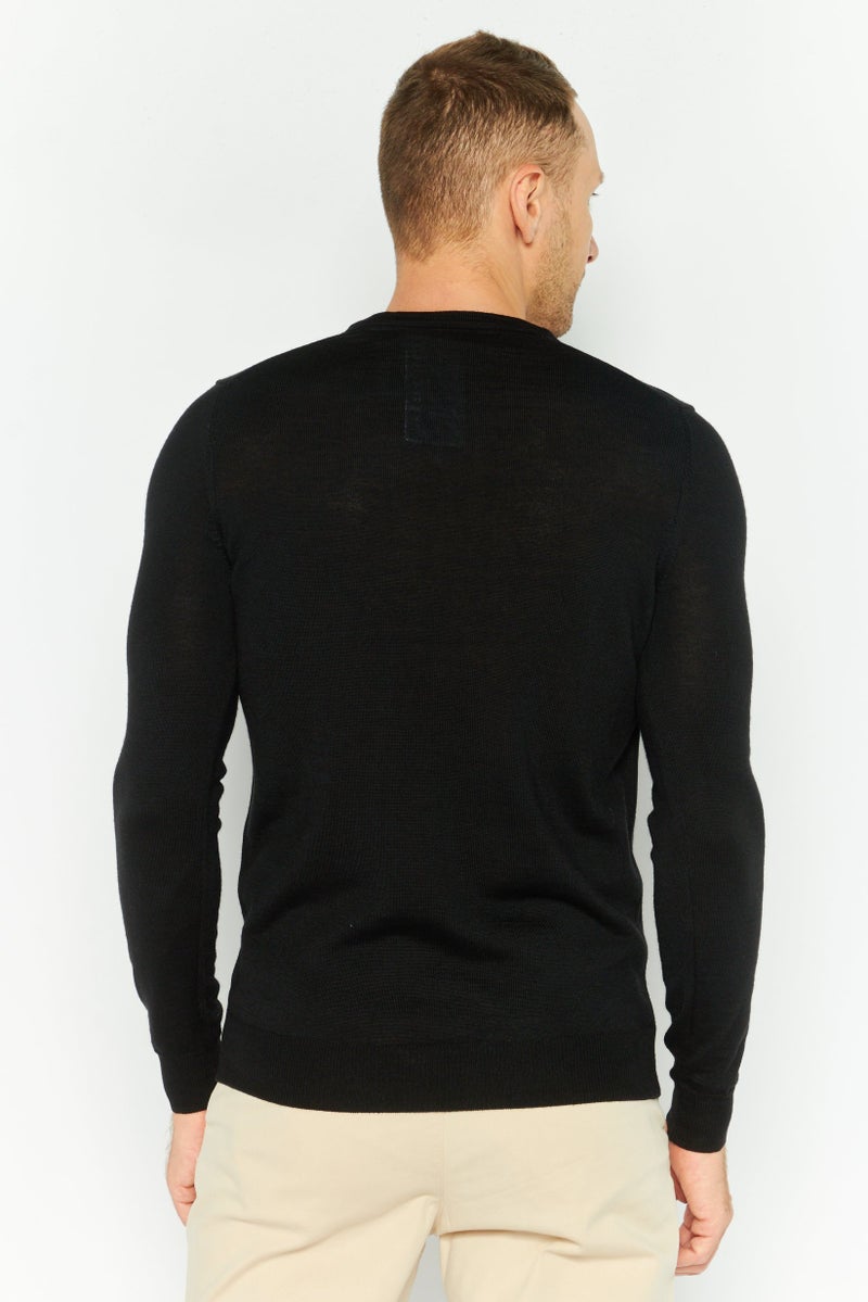 Men V-Neck Textured Long Sleeves Sweater, Black