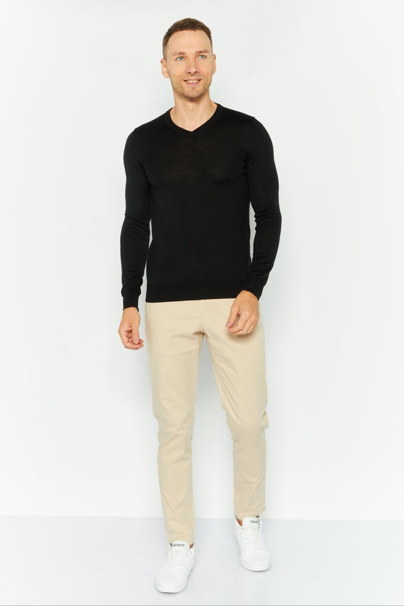 Men V-Neck Textured Long Sleeves Sweater, Black