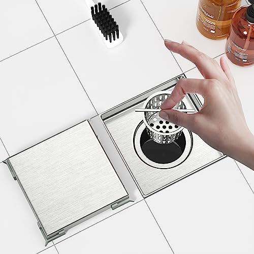 Neodrain 6-Inch Square Shower Drain with Removable Tile Insert Grate,Brushed 304 Stainless Steel, with Watermark&CUPC Certified, Includes Hair Strainer… - Image 4