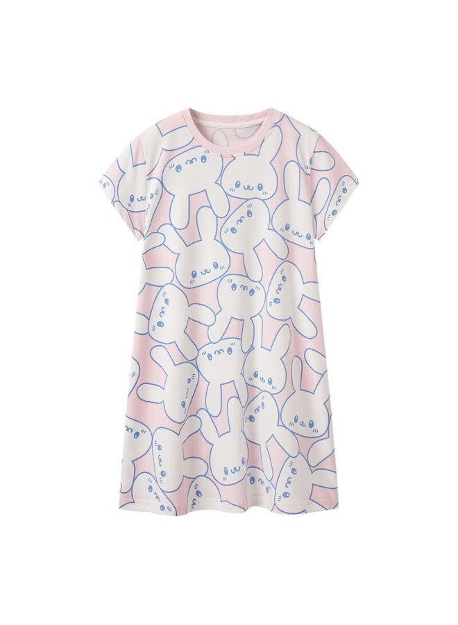 Threegun Kids Nightgown Soft Cotton Short Sleeve Girls Nightgown T70017a01 White Base Pink Rabbit 160 - Image 1
