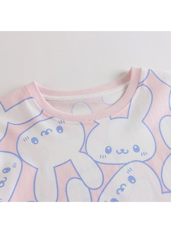 Threegun Kids Nightgown Soft Cotton Short Sleeve Girls Nightgown T70017a01 White Base Pink Rabbit 160 - Image 3