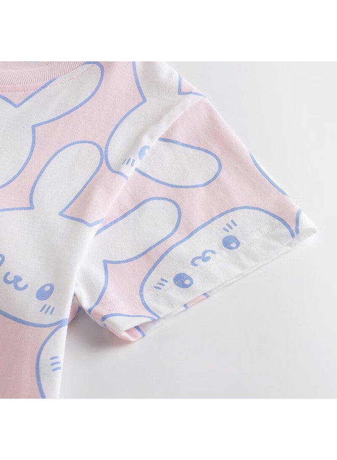Threegun Kids Nightgown Soft Cotton Short Sleeve Girls Nightgown T70017a01 White Base Pink Rabbit 160 - Image 5