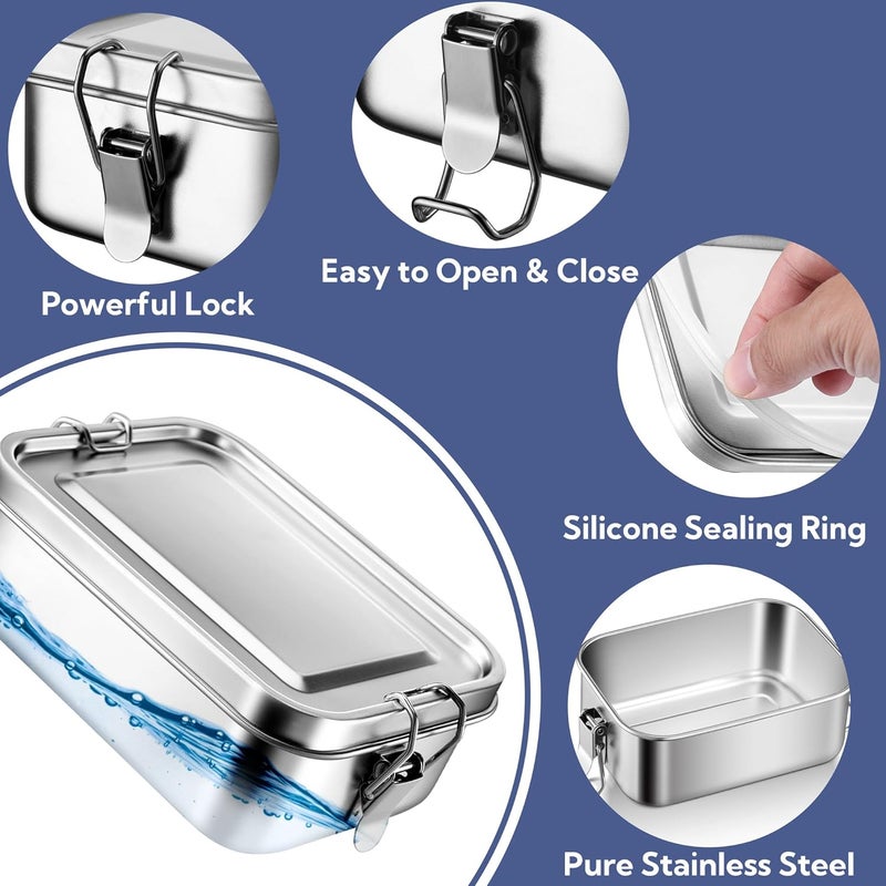 E-far 4 Pieces Stainless Steel Bento Box, Mini 550ml Metal Lunch Box, 18.6oz Leak-Proof Food Snack Container with Lids, Reusable Meal Storage for Camping Picnic Travel Work - Image 3