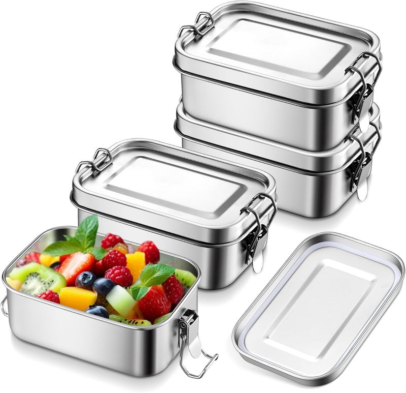 E-far 4 Pieces Stainless Steel Bento Box, Mini 550ml Metal Lunch Box, 18.6oz Leak-Proof Food Snack Container with Lids, Reusable Meal Storage for Camping Picnic Travel Work - Image 1