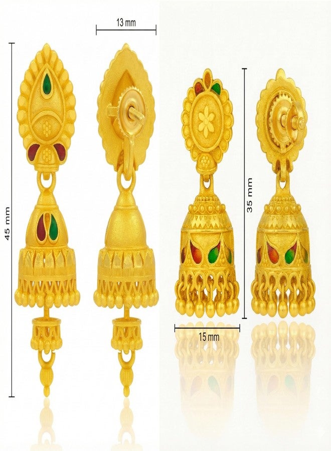 DEW MAT Traditional South Indian Gold Plated Jhumka Earrings for Women | Intricate Temple Design with Red & Green Enamel | Screw Back Closure | Lightweight Design - Image 2