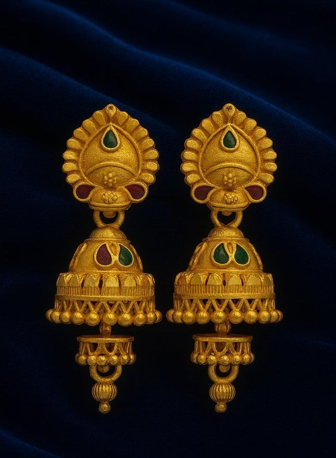 DEW MAT Traditional South Indian Gold Plated Jhumka Earrings for Women | Intricate Temple Design with Red & Green Enamel | Screw Back Closure | Lightweight Design - Image 3