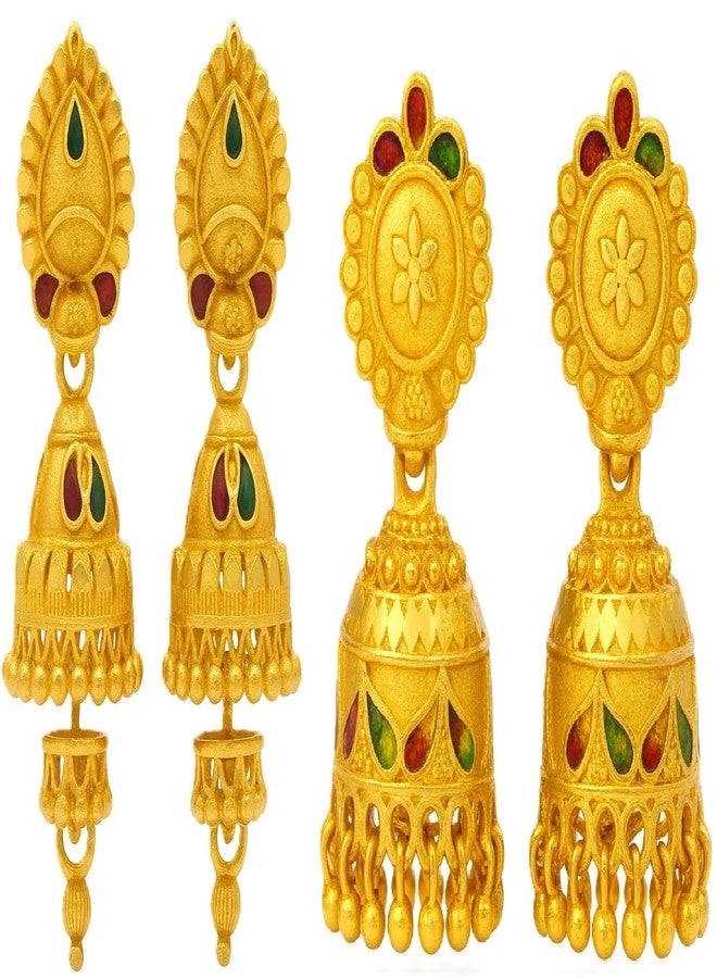 DEW MAT Traditional South Indian Gold Plated Jhumka Earrings for Women | Intricate Temple Design with Red & Green Enamel | Screw Back Closure | Lightweight Design - Image 1