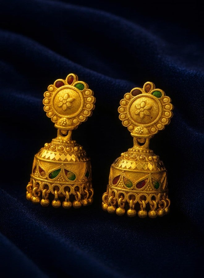 DEW MAT Traditional South Indian Gold Plated Jhumka Earrings for Women | Intricate Temple Design with Red & Green Enamel | Screw Back Closure | Lightweight Design - Image 5
