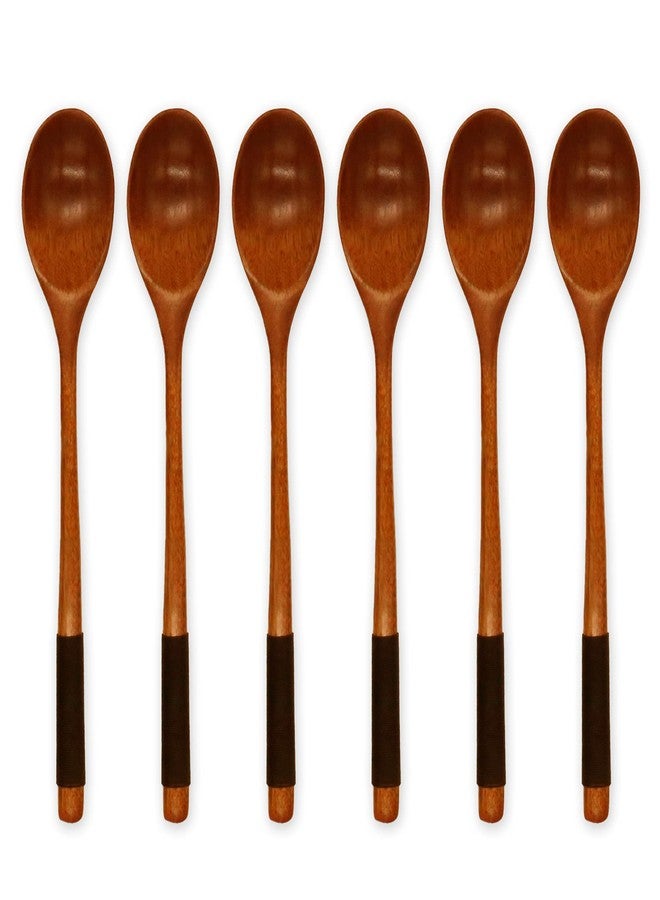 FUTGLOBAL 6 Pieces Wooden Spoons for Eating, Muulaii Wood Soup Spoons Long Handle Spoon with Japanese Style Kitchen Utensil for Korean Food Cooking Mixing Stirring Honey Tea Soda Dessert Coconut Bowl- 9 Inch - Image 1