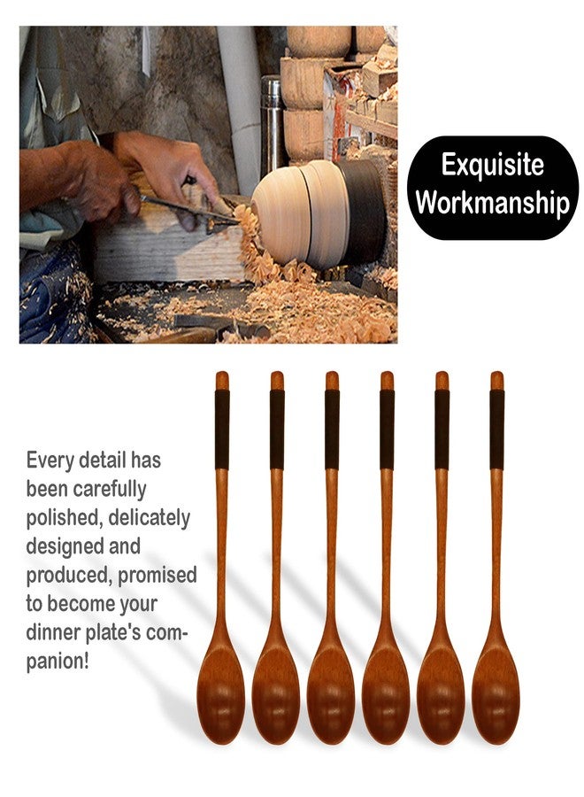 FUTGLOBAL 6 Pieces Wooden Spoons for Eating, Muulaii Wood Soup Spoons Long Handle Spoon with Japanese Style Kitchen Utensil for Korean Food Cooking Mixing Stirring Honey Tea Soda Dessert Coconut Bowl- 9 Inch - Image 5