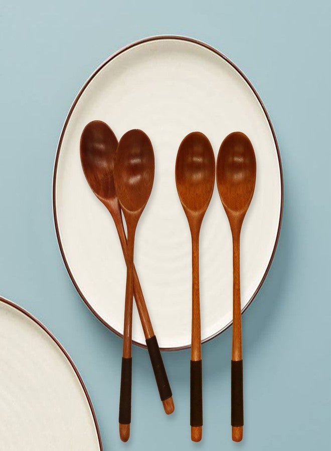 FUTGLOBAL 6 Pieces Wooden Spoons for Eating, Muulaii Wood Soup Spoons Long Handle Spoon with Japanese Style Kitchen Utensil for Korean Food Cooking Mixing Stirring Honey Tea Soda Dessert Coconut Bowl- 9 Inch - Image 2
