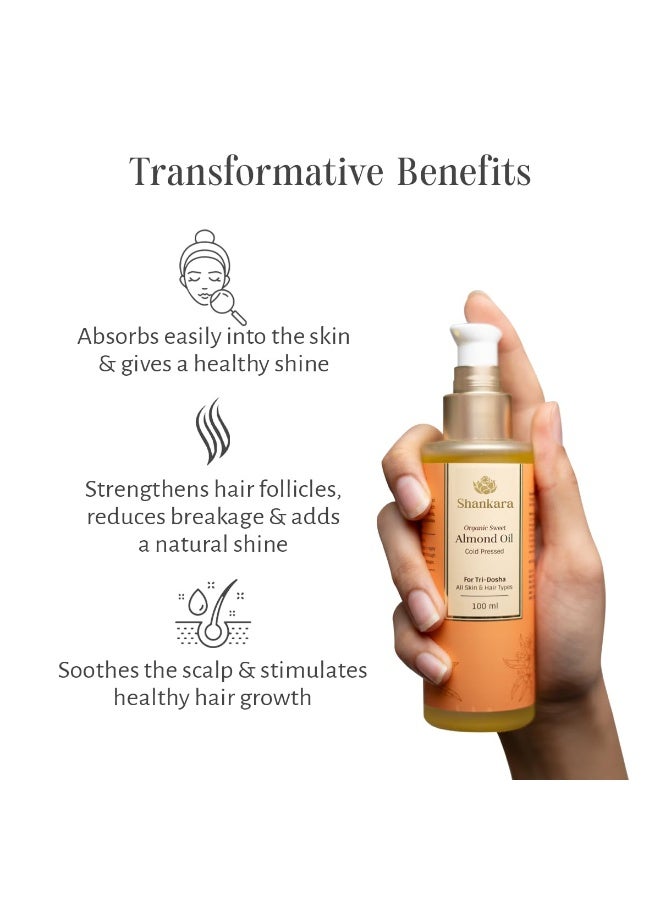 Shankara Organic Sweet Almond Oil, Cold-Pressed, Chemical-Free, Vitamin-Rich Moisturizer for Skin and Hair, Natural Almond Oil for Men and Women, 100ml - Image 3