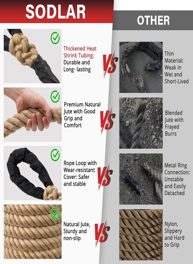 Sodlar Climbing Rope Gym Workout - 10FT Heavy Duty Jute Thick Ropes for Adults Strength Training Outdoor Tree Swing Indoor Home Fitness Exercise - 1.5 Inch - Image 2