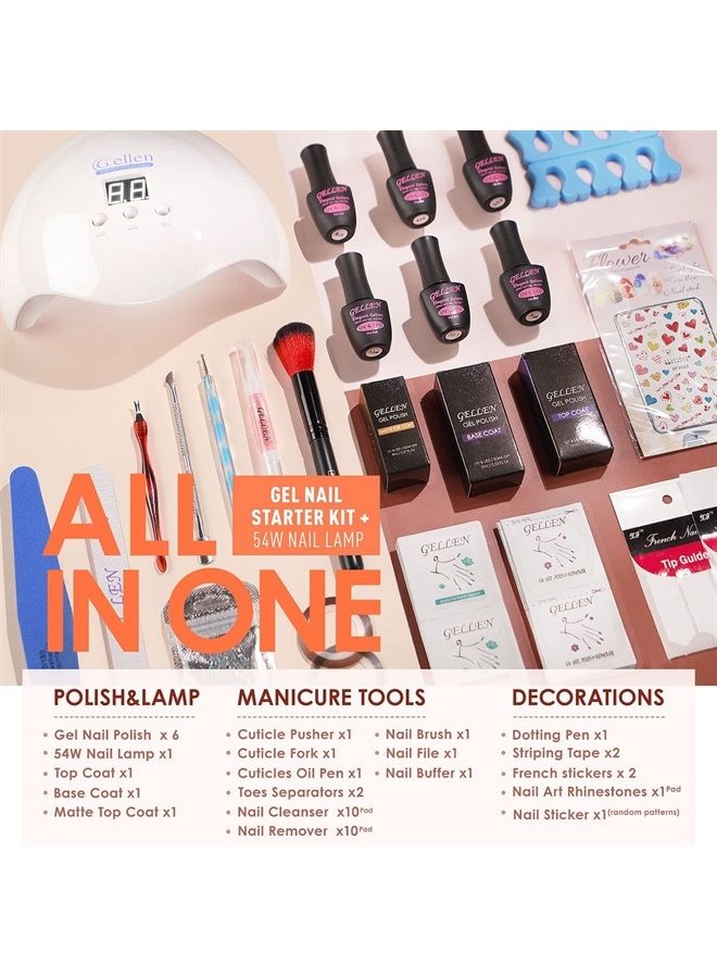 Gel Nail Polish Kit with U V LED Light 54W Nail Dryer, 6 Gel Nail Nude Colors, No Wipe Top Base Coat, Nail Art Decorations, Manicure Tools, All-In-One Manicure Kit, Gentle Nudes