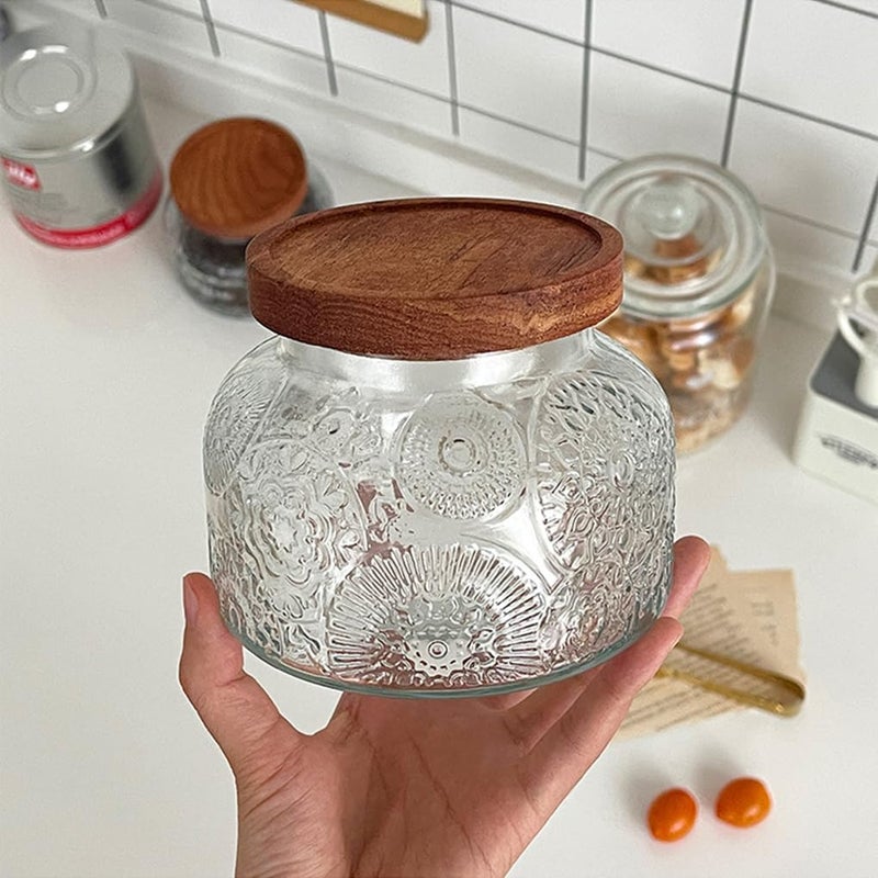 ANSQU Vintage Glass Food Storage Jar, Glass Jar with Wooden Lid, 25.4 FL OZ Decorative Glass Jar for Home Kitchen, Holds Coffee, Candy, Cookie, Sugar (Large Flower) - Image 4