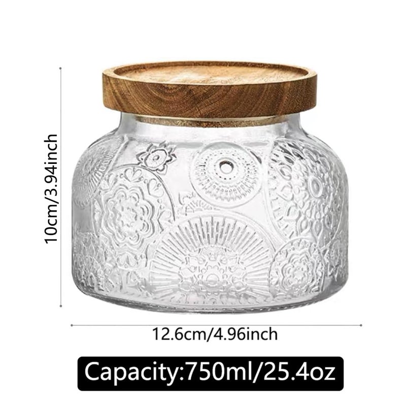 ANSQU Vintage Glass Food Storage Jar, Glass Jar with Wooden Lid, 25.4 FL OZ Decorative Glass Jar for Home Kitchen, Holds Coffee, Candy, Cookie, Sugar (Large Flower) - Image 2