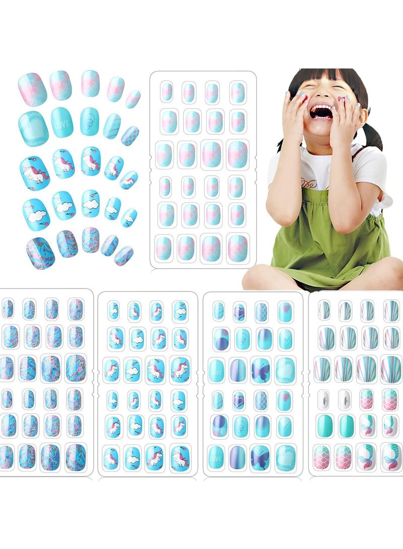 Bluejw Kids Press on Nails Children,120 Pieces Fake Artificial Tips Girls Full Cover Short False Fingernails for Art Decoration, Cute Pre Glue Acrylic (Blue Color) - Image 1