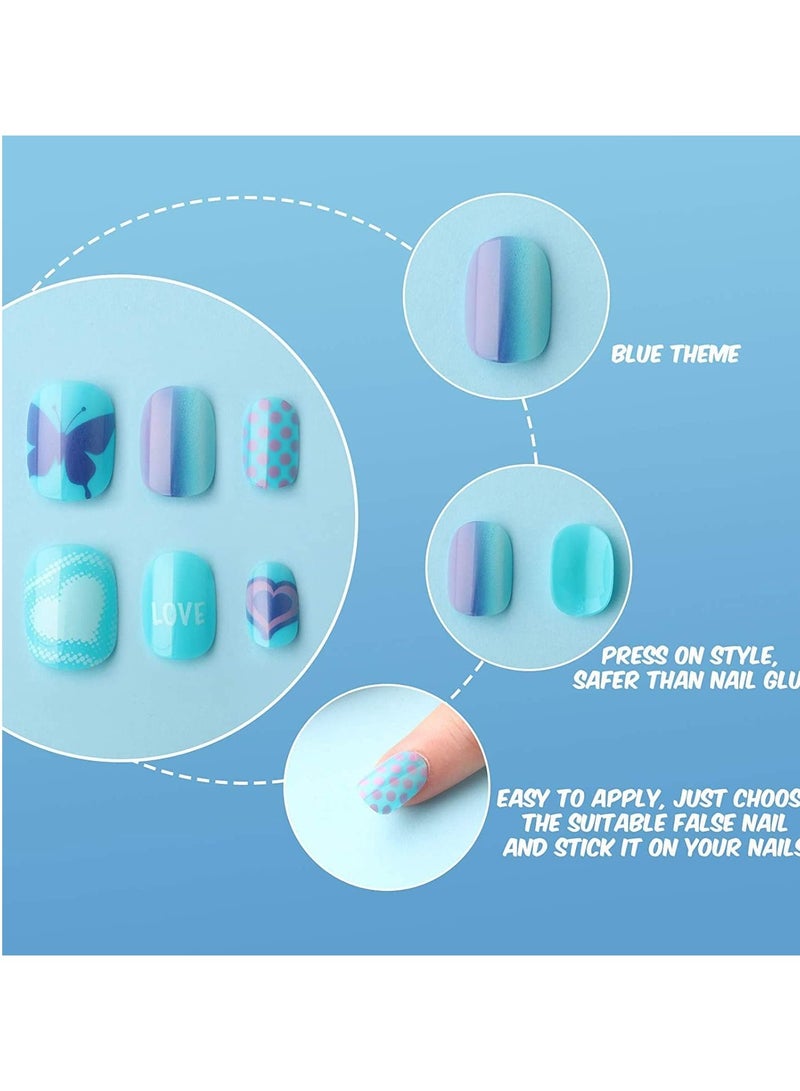Bluejw Kids Press on Nails Children,120 Pieces Fake Artificial Tips Girls Full Cover Short False Fingernails for Art Decoration, Cute Pre Glue Acrylic (Blue Color) - Image 5