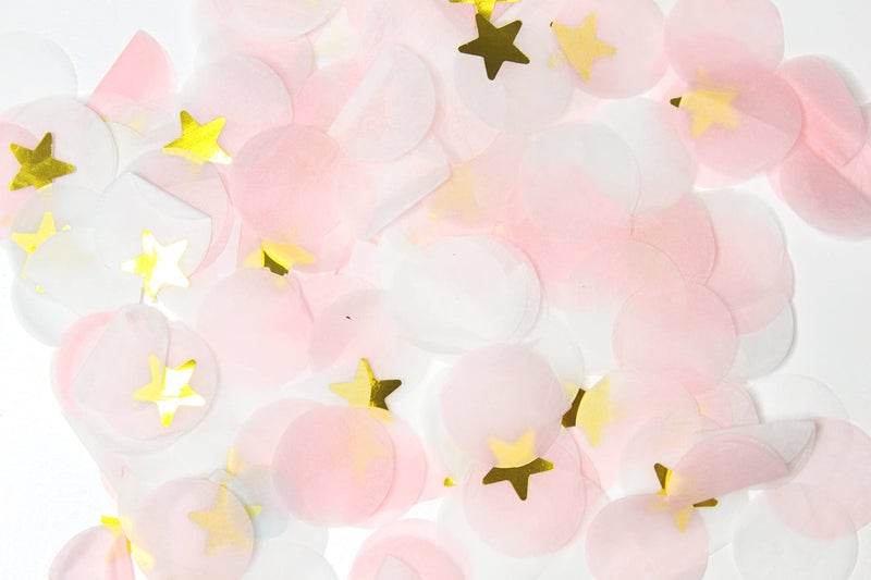 Confetti! Premium 1-inch Round Tissue Paper Party Table Confetti - 10/15 Grams (Pink, White, Gold Mylar Flakes) - Image 1