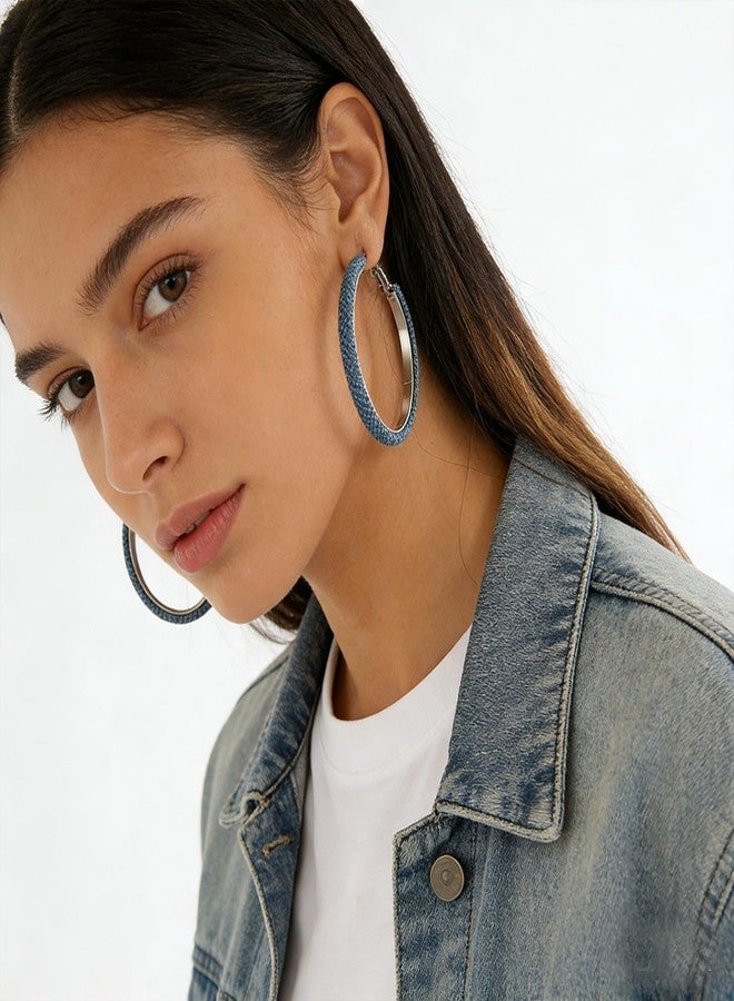 WCRAZYE Bohemia Denim Earrings Necklace Set for Women Punk Blue Jean Denim Chain Choker Necklace Simple Circle Round Denim Leather Statement Earrings (Dark Blue) - Image 2