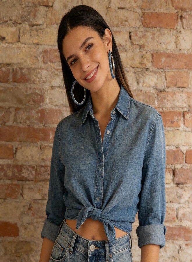 WCRAZYE Bohemia Denim Earrings Necklace Set for Women Punk Blue Jean Denim Chain Choker Necklace Simple Circle Round Denim Leather Statement Earrings (Dark Blue) - Image 4