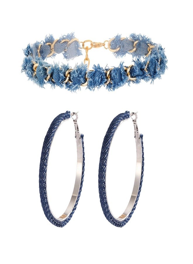 WCRAZYE Bohemia Denim Earrings Necklace Set for Women Punk Blue Jean Denim Chain Choker Necklace Simple Circle Round Denim Leather Statement Earrings (Dark Blue) - Image 1