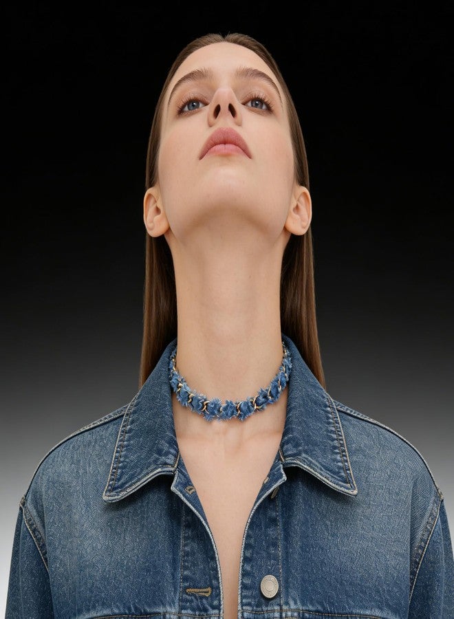 WCRAZYE Bohemia Denim Earrings Necklace Set for Women Punk Blue Jean Denim Chain Choker Necklace Simple Circle Round Denim Leather Statement Earrings (Dark Blue) - Image 5