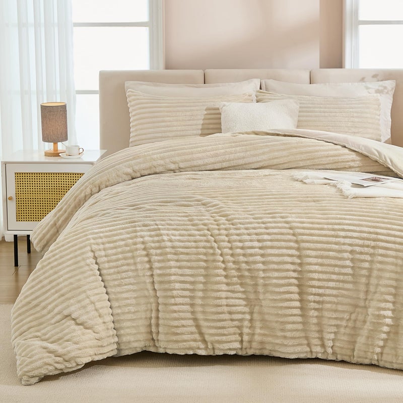 Andency Fleece King Comforter Set  3 Pieces Beige Comforter Set for King Size Bed  Soft Warm Fluffy Fuzzy Cream Bedding Set for Winter (1 Comforter & 2 Pillowcases) - Image 2