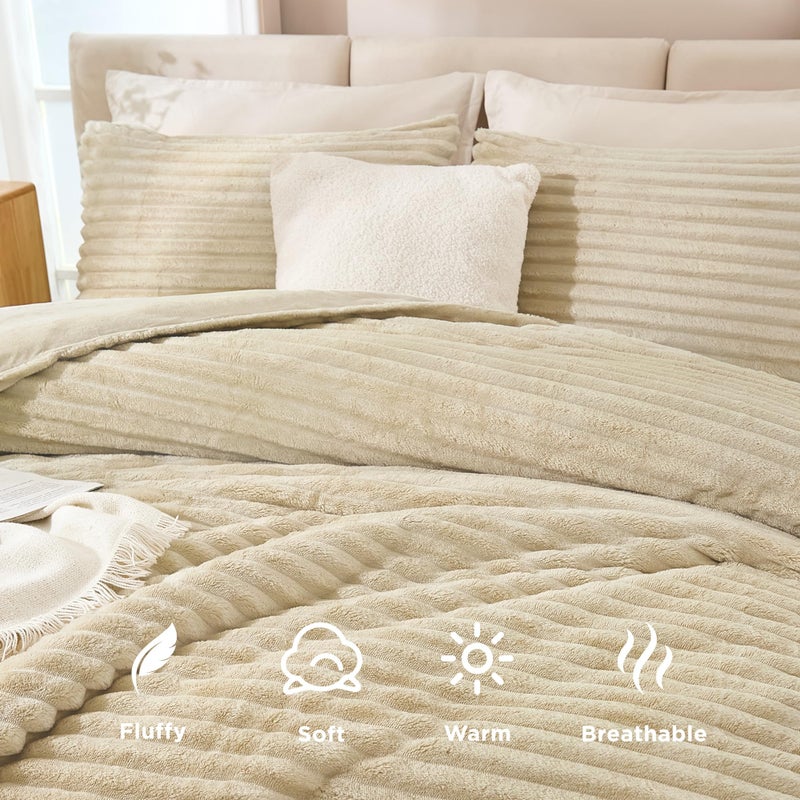 Andency Fleece King Comforter Set  3 Pieces Beige Comforter Set for King Size Bed  Soft Warm Fluffy Fuzzy Cream Bedding Set for Winter (1 Comforter & 2 Pillowcases) - Image 3