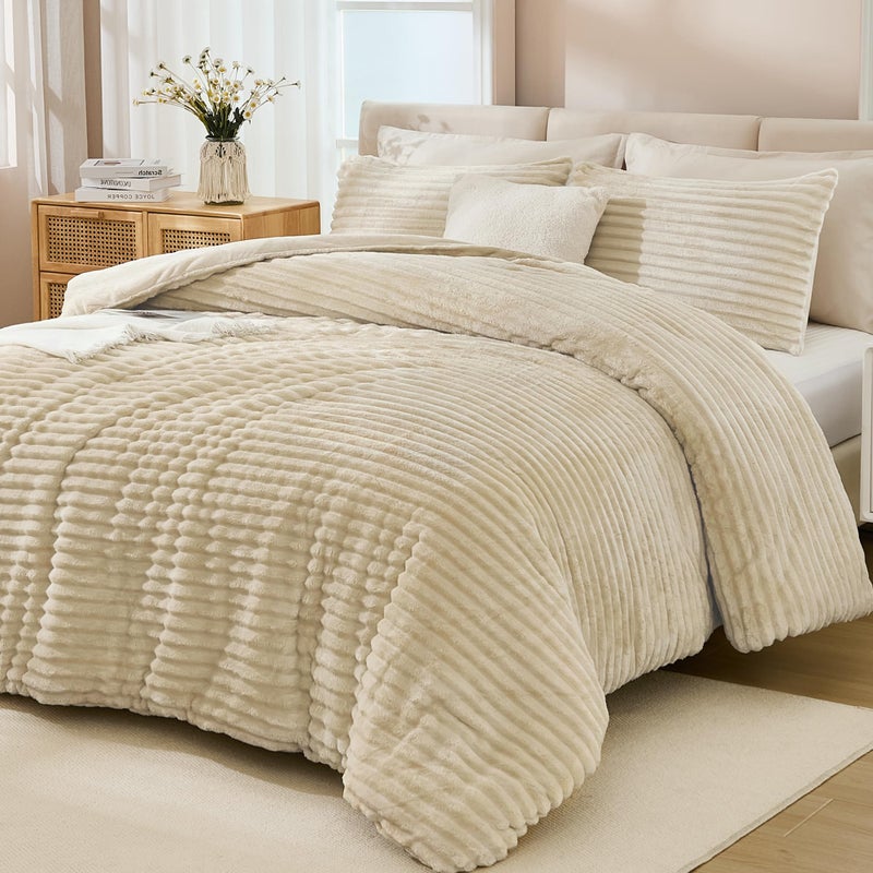 Andency Fleece King Comforter Set  3 Pieces Beige Comforter Set for King Size Bed  Soft Warm Fluffy Fuzzy Cream Bedding Set for Winter (1 Comforter & 2 Pillowcases) - Image 1