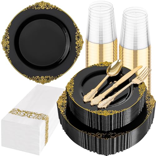 Hioasis 175pcs Black and Gold Plastic Plates - Elegant Disposable Dinnerware Set Suitable for 25 Guests Include 10.25" Dinner & 7.5" Dessert Plates, Cutlery, Napkins, Cups for Party & Halloween - Image 1