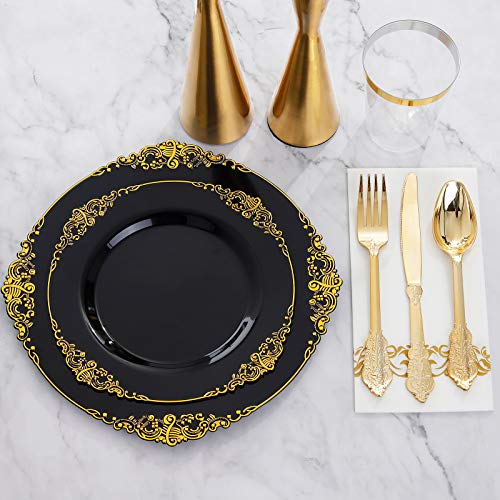 Hioasis 175pcs Black and Gold Plastic Plates - Elegant Disposable Dinnerware Set Suitable for 25 Guests Include 10.25" Dinner & 7.5" Dessert Plates, Cutlery, Napkins, Cups for Party & Halloween - Image 2