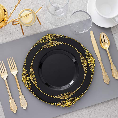 Hioasis 175pcs Black and Gold Plastic Plates - Elegant Disposable Dinnerware Set Suitable for 25 Guests Include 10.25" Dinner & 7.5" Dessert Plates, Cutlery, Napkins, Cups for Party & Halloween - Image 3