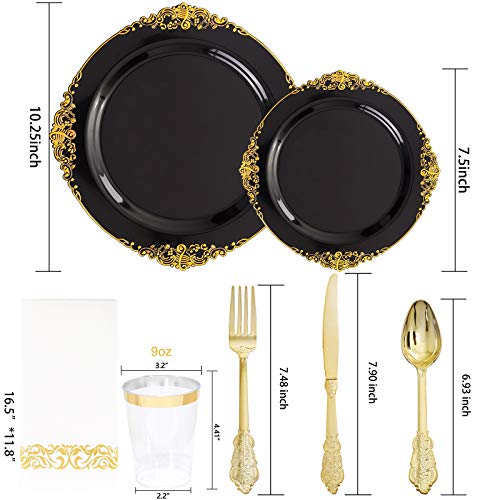 Hioasis 175pcs Black and Gold Plastic Plates - Elegant Disposable Dinnerware Set Suitable for 25 Guests Include 10.25" Dinner & 7.5" Dessert Plates, Cutlery, Napkins, Cups for Party & Halloween - Image 5