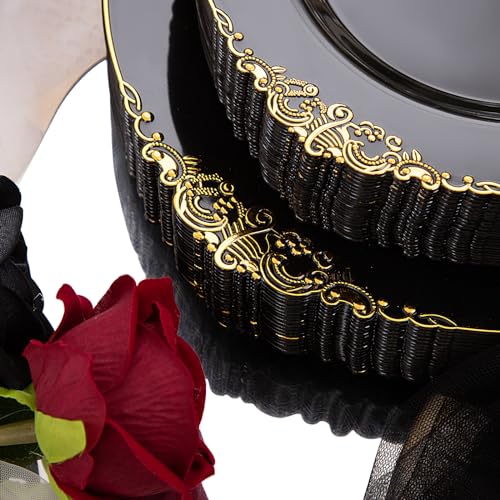 Hioasis 175pcs Black and Gold Plastic Plates - Elegant Disposable Dinnerware Set Suitable for 25 Guests Include 10.25" Dinner & 7.5" Dessert Plates, Cutlery, Napkins, Cups for Party & Halloween - Image 4