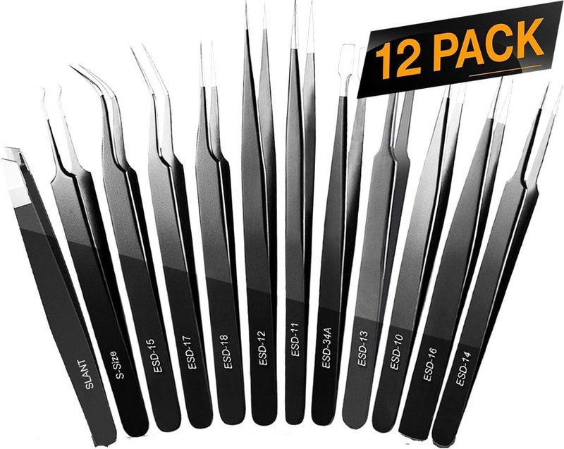 AI Tweezers, Precision Tweezer Set, Craft Tweezers, Soldering Tweezers, Jewelry Tweezers, Ingrown Tweezers, Eyelash Extension Tweezers, Eyebrow Tweezers - 12 Pack Super Valued Set with Handy Case