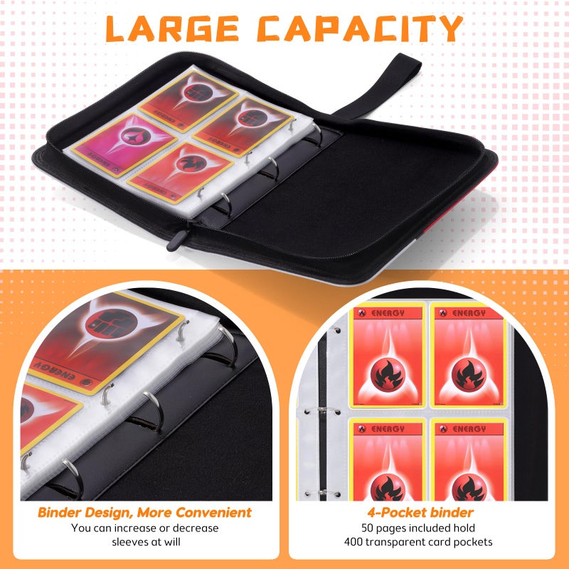 FAMOMI Card Binder 4-Pocket, Trading Card Collector with 50 Removable Sleeves, 400 Cards Pocket Portable Album Holder Book(Red) - Image 5