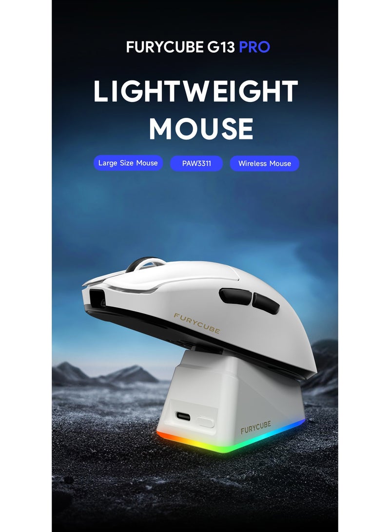 FURYCUBE G13Pro Lightweight Wireless Gaming Mouse with RGB Charging Dock, Tri-Mode 2.4G/USB-C Wired/BT, 22K DPI, PAW3311 Optical Sensor, HUYU Switch, 5 Programmable Keys for PC/Mac (Black & Sticker) - Image 3