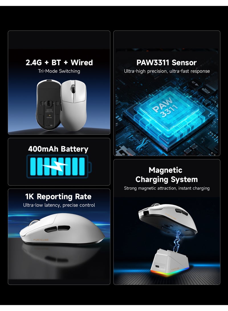 FURYCUBE G13Pro Lightweight Wireless Gaming Mouse with RGB Charging Dock, Tri-Mode 2.4G/USB-C Wired/BT, 22K DPI, PAW3311 Optical Sensor, HUYU Switch, 5 Programmable Keys for PC/Mac (Black & Sticker) - Image 4