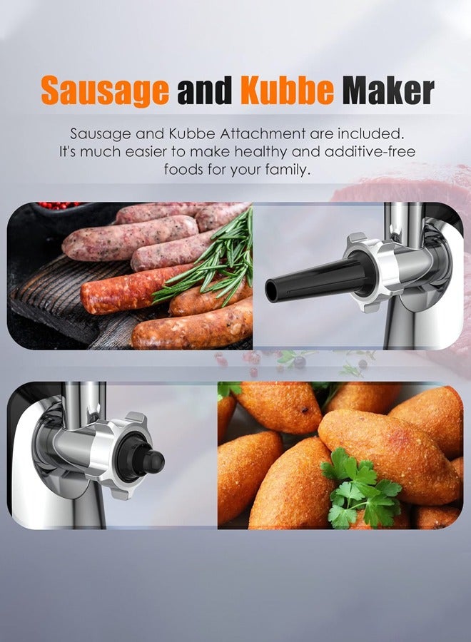 sokany Meat Grinder, Sausage Stuffer, 3200W Electric Meat Mincer with Stainless Steel Blades & 3 Grinding Plates,Sausage Maker & A+B Kibbe Kit for Home Kitchen & Commercial Using,SK-088,Silver - Image 4