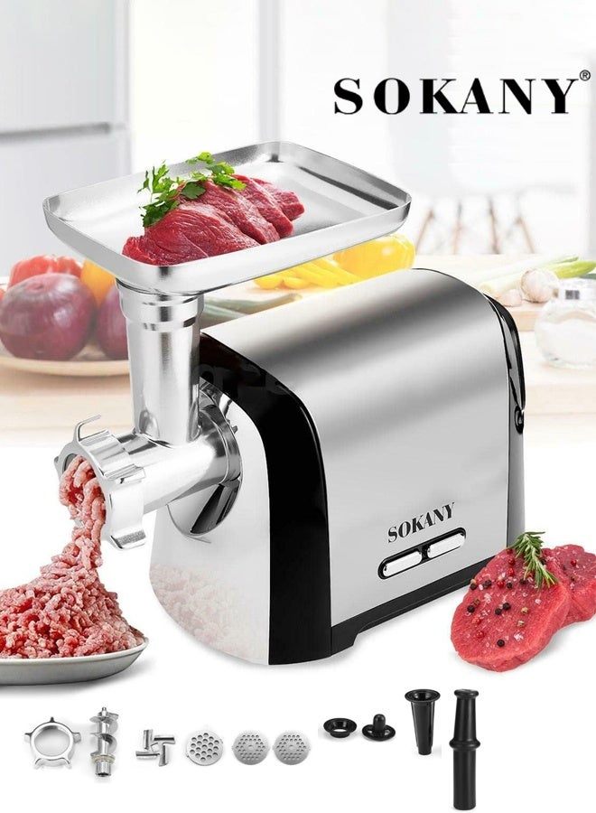 sokany Meat Grinder, Sausage Stuffer, 3200W Electric Meat Mincer with Stainless Steel Blades & 3 Grinding Plates,Sausage Maker & A+B Kibbe Kit for Home Kitchen & Commercial Using,SK-088,Silver - Image 1