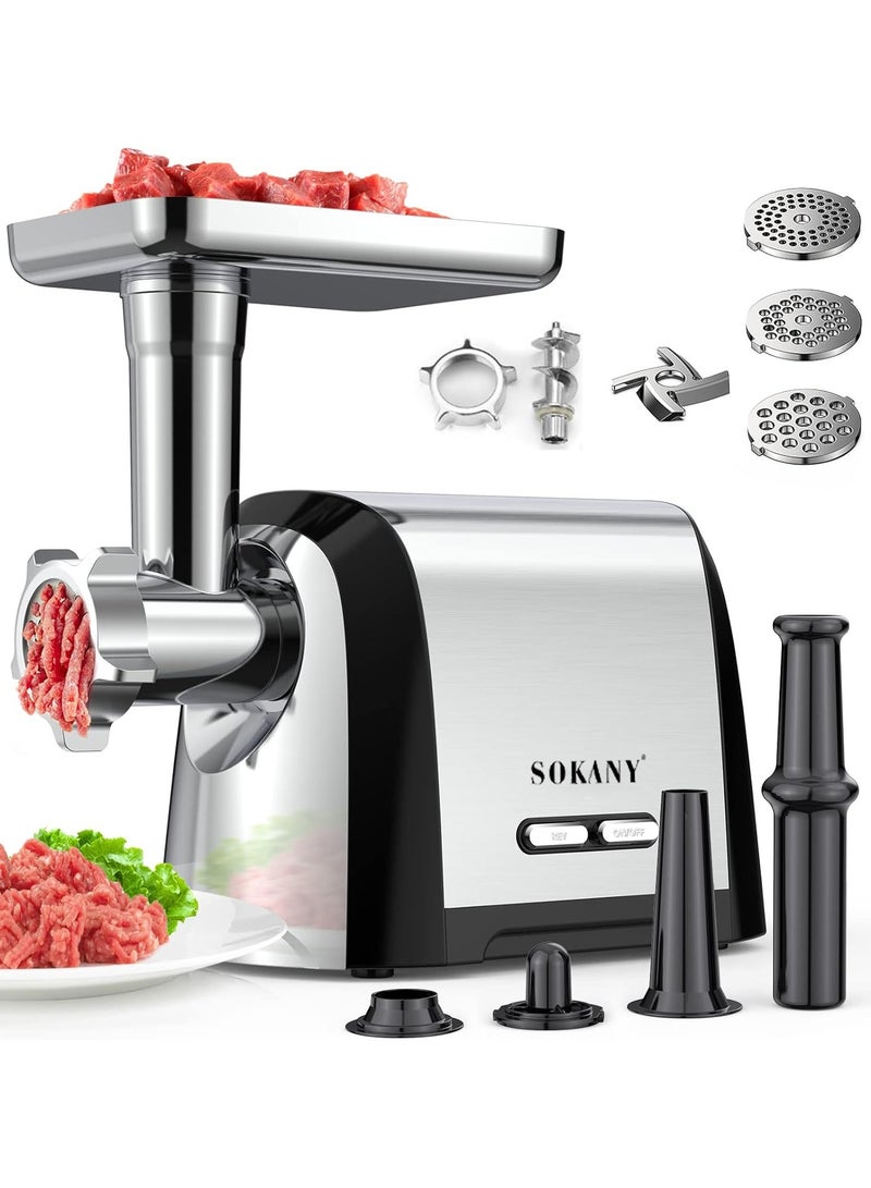 sokany Meat Grinder, Sausage Stuffer, 3200W Electric Meat Mincer with Stainless Steel Blades & 3 Grinding Plates,Sausage Maker & A+B Kibbe Kit for Home Kitchen & Commercial Using,SK-088,Silver - Image 2