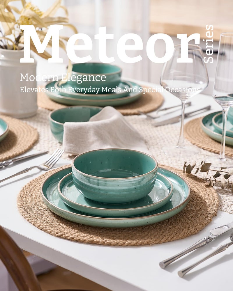 Famiware Meteor Plates and Bowls Sets for 4, 12 Pieces Dinnerware Sets, Microwave and Dishwasher Safe Dishes Set, Peacock Green - Image 3