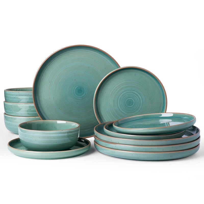 Famiware Meteor Plates and Bowls Sets for 4, 12 Pieces Dinnerware Sets, Microwave and Dishwasher Safe Dishes Set, Peacock Green - Image 1