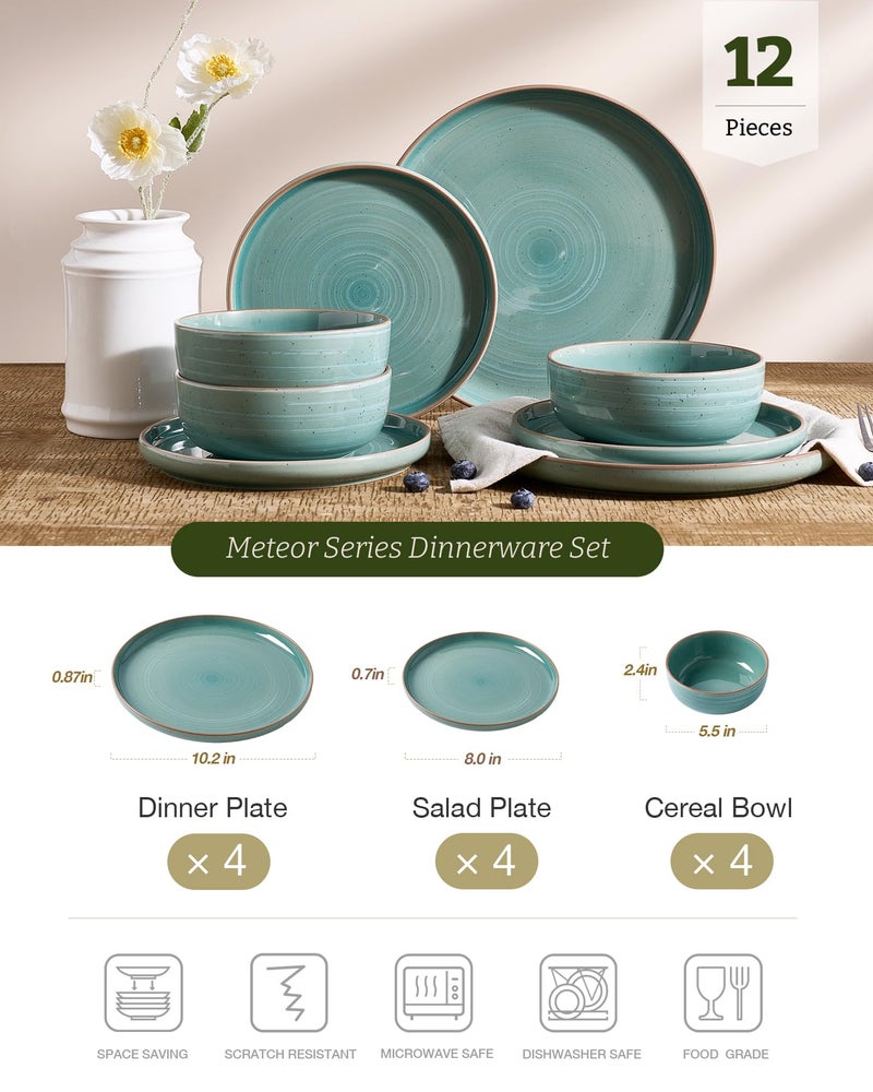Famiware Meteor Plates and Bowls Sets for 4, 12 Pieces Dinnerware Sets, Microwave and Dishwasher Safe Dishes Set, Peacock Green - Image 2