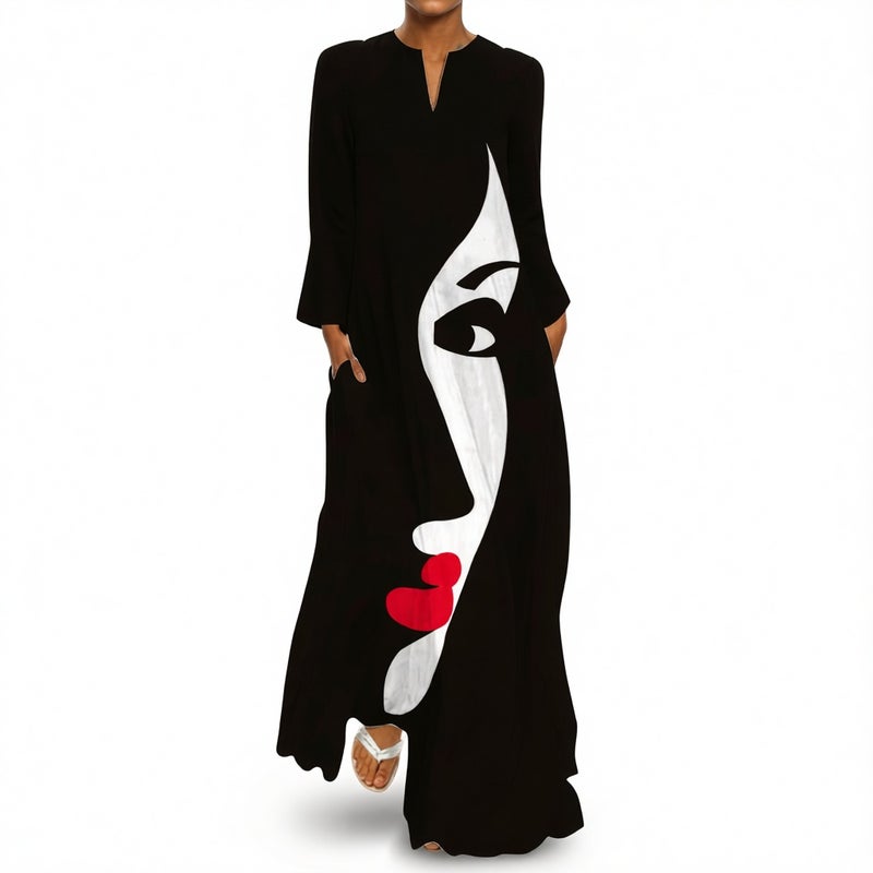 Women's V-Neck Long Sleeve Printed Loose Maxi Dress with Pockets - Image 4
