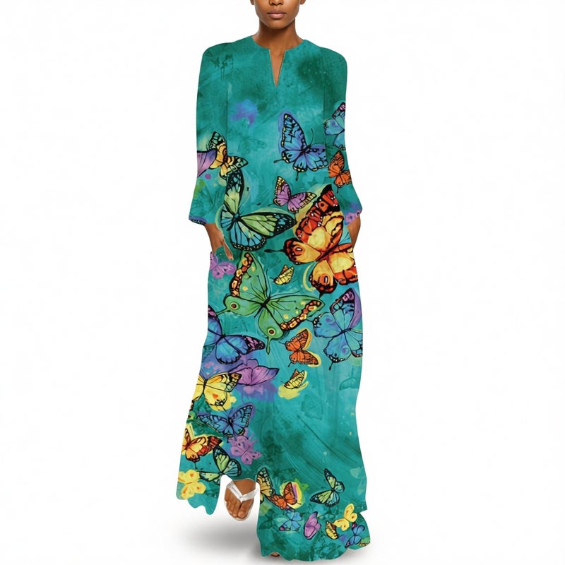 Women's V-Neck Long Sleeve Printed Loose Maxi Dress with Pockets - Image 5